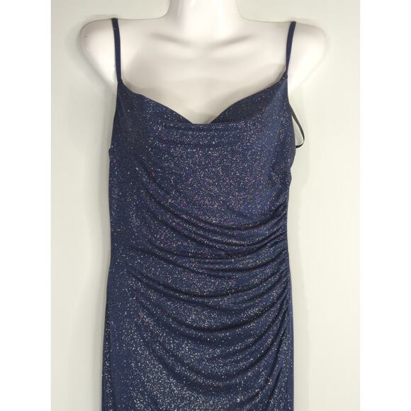 Laundry by Shelli Segal Blue Metallic Ruched Side Slit Hem Dress Women's Size 2 - Picture 4 of 13